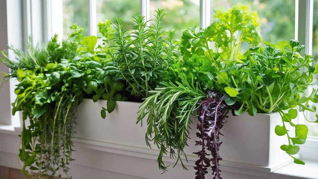 Beginner plants for apartment gardens Apartment window garden with basil, mint, and spider plants