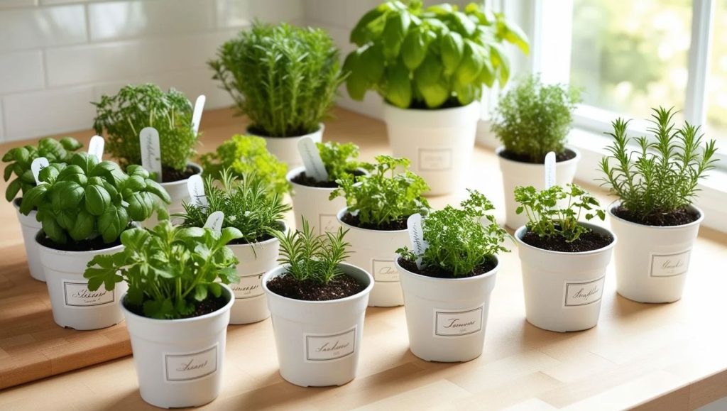 Best indoor herbs to grow in small kitchens labeled indoor herb garden featuring basil, mint, thyme, and parsley in containers