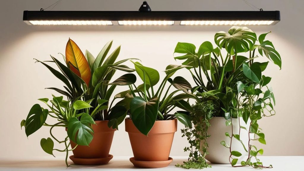 LED grow lights used in indoor gardening grow lights for indoor plants on a shelf garden setup