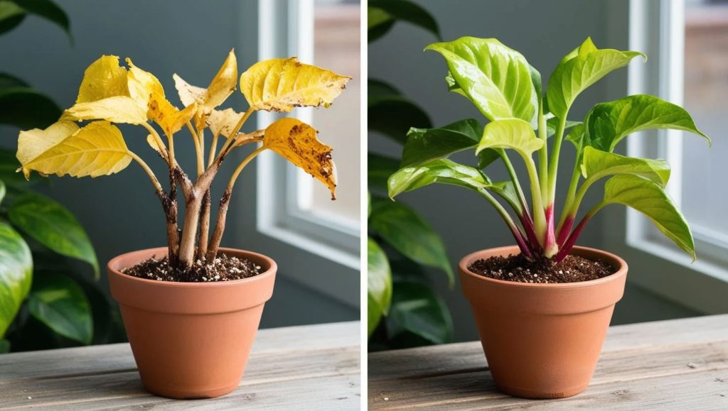Overwatered plant symptoms next to healthy plant Indoor plant with yellow leaves from overwatering beside healthy version