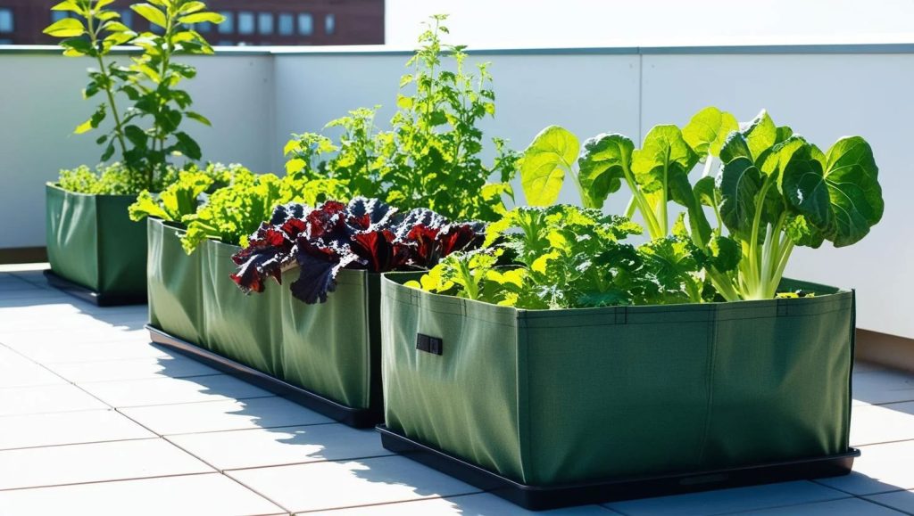 Urban container garden using breathable pots Herbs and vegetables growing in fabric grow bags on a balcony