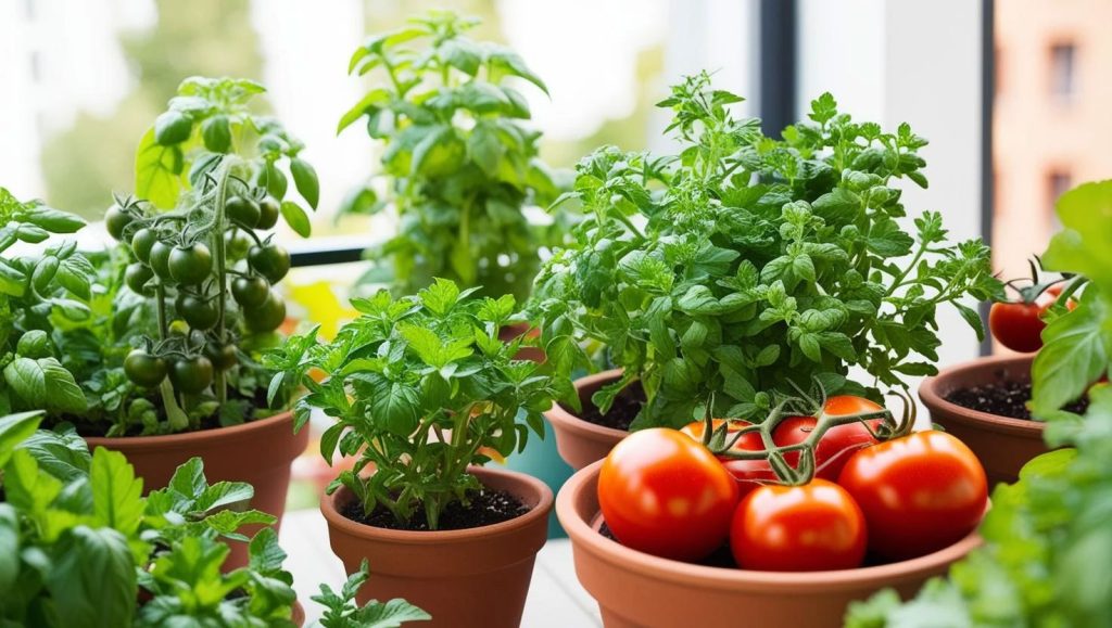 Easy herbs and vegetables for new urban gardeners urban gardening for beginners - edible plants growing on a sunny apartment balcony